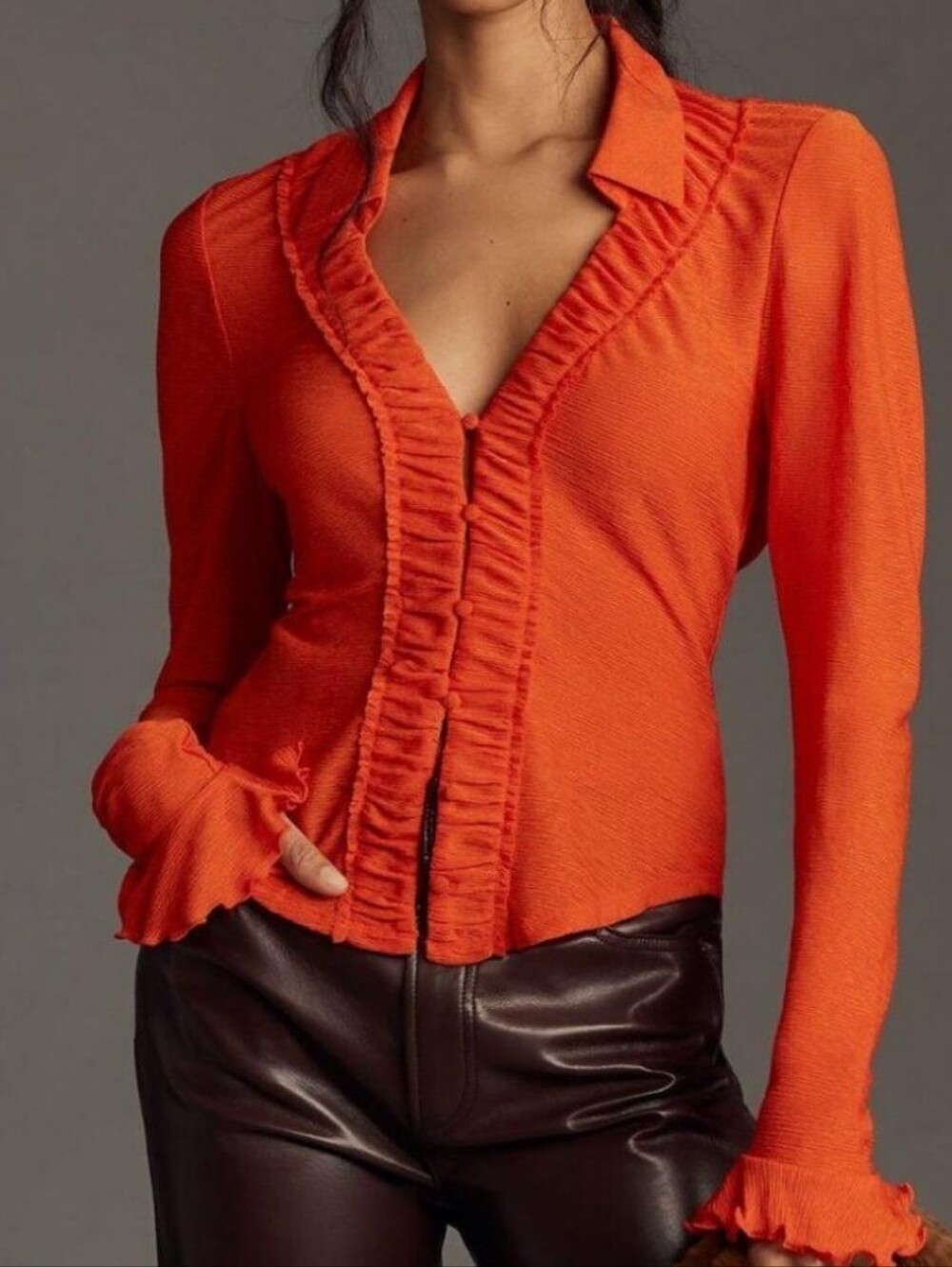 Anthropologie Long Sleeve Ruched Textured Button Down Top, Sz L, Orange EUC